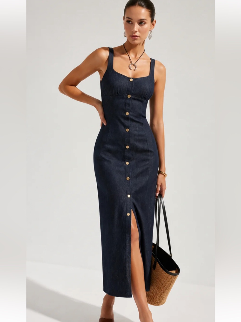 Commense Button Front Denim Midi Dress